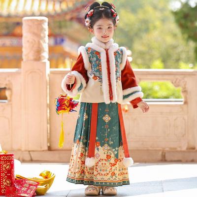 Girls' 2025 Winter Hanfu Dress: Thickened Red Ancient Style with Velvet for New Year's Celebration