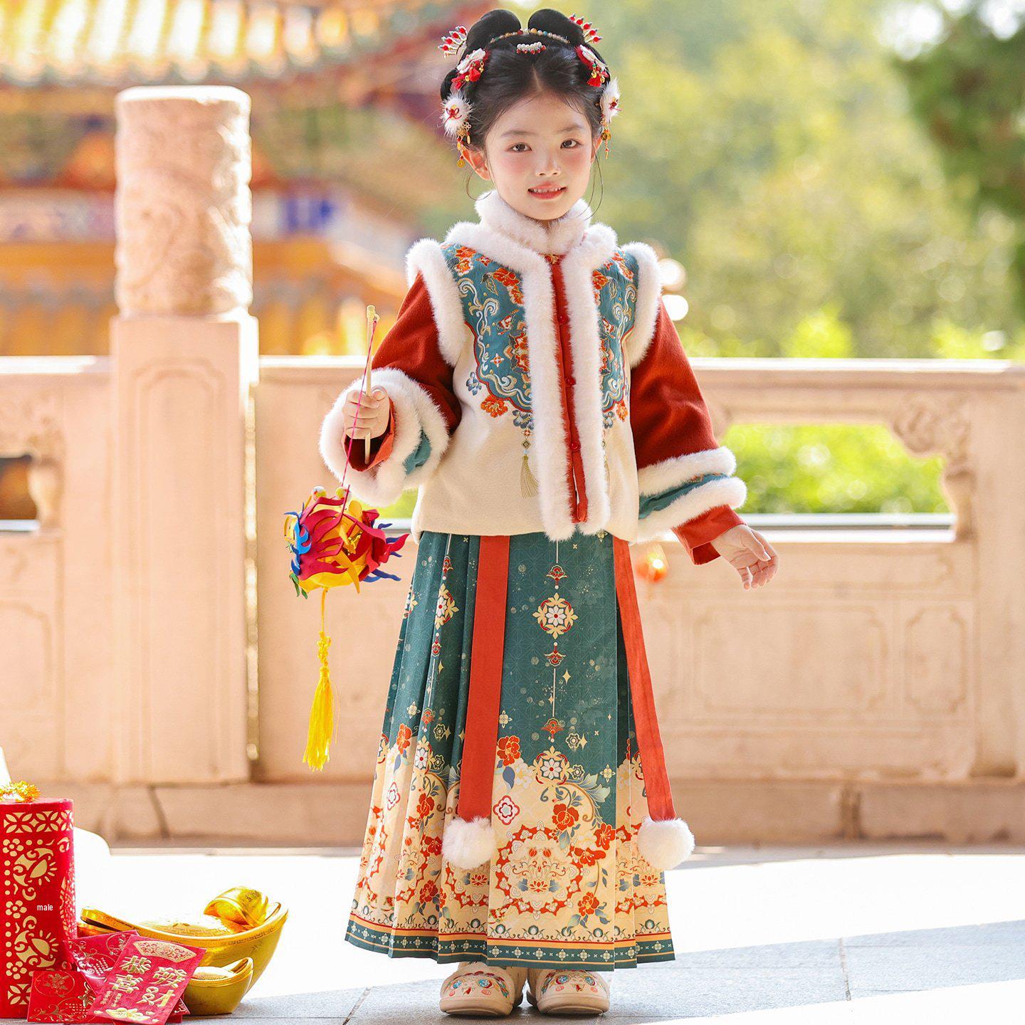 Girls  2025 Winter Hanfu Dress: Thickened Red Ancient Style with Velvet for New Year s Celebration 110