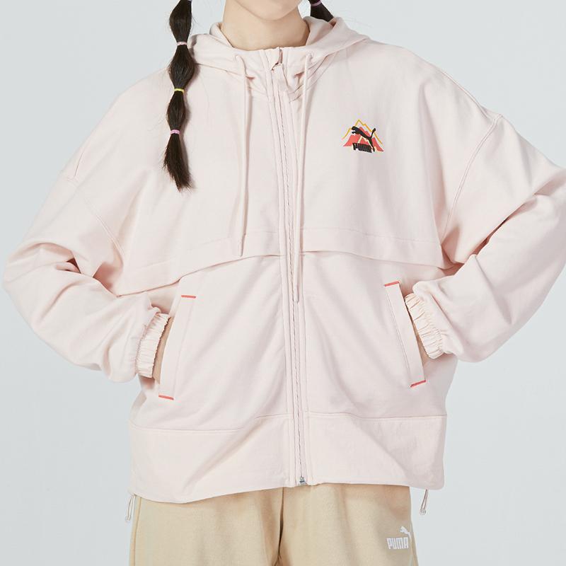 Puma Camping Full-zip Hoodie With Geometric Logo Pattern Women Tops Pink 537429-48