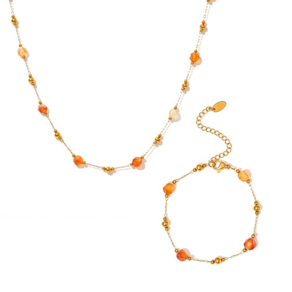 Gorgeous Orange Beige Necklace Bracelet Women Set Stainless Steel Nature Stones Beaded Pendant Female Necklaces Zircon