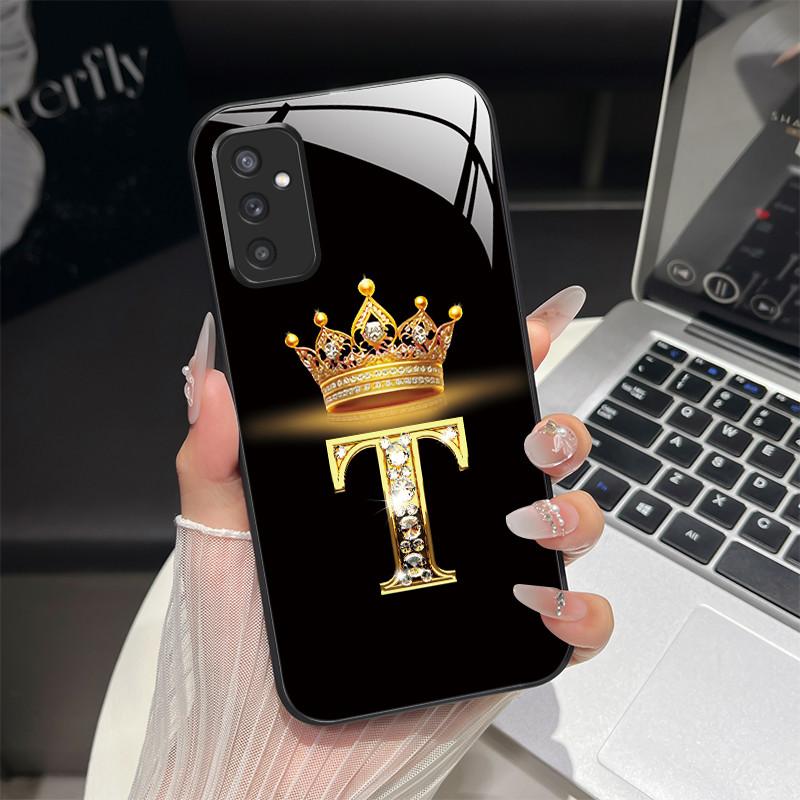 For Samsung M52 5G Case Galaxy M14 SM-M526B SM-M146B Phone Case ShockProof Fashion Initial Letter Hard Tempered Glass Back Cover