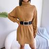 Autumn Winter Womens Casual Turtleneck Lantern Sleeve Knit Dress No Belt