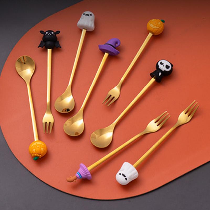 6PCS Stainless Steel Halloween Utensil Gift Set Cartoon Halloween Themed Dessert Spoon and Fork Collection for Parties