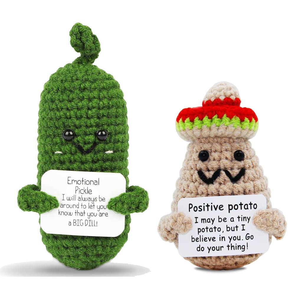 Handmade Emotional Support Pickle Crochet Funny Sour Cucumber Knitted Pickle with Positive Card Cheer up Gift Crochet Home Decor