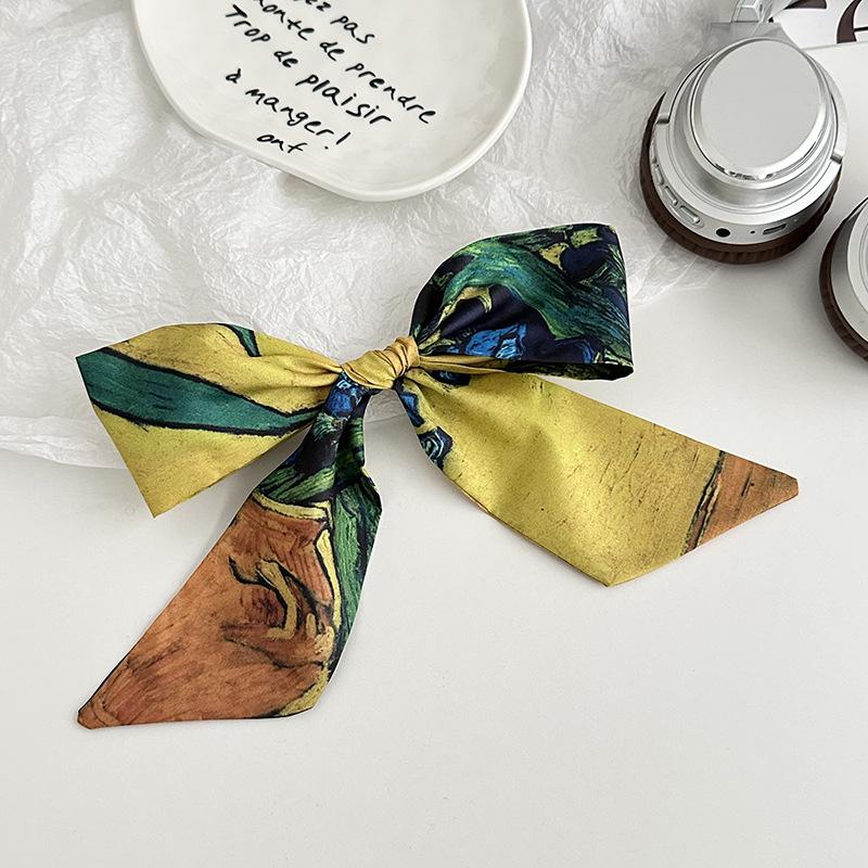 Blue silk scarf, long strip, new fashion, oil painting style, bow, headband, braided hair, tied bag, streamer, multi-purpose waist silk scarf.