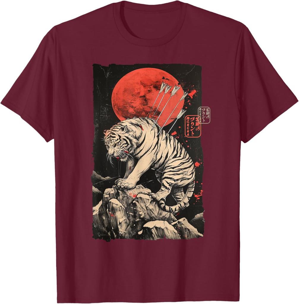 Wounded Tiger with Arrows Japanese Art Graphic Tee Mens Casual Round Neck TShirt Breathable Print