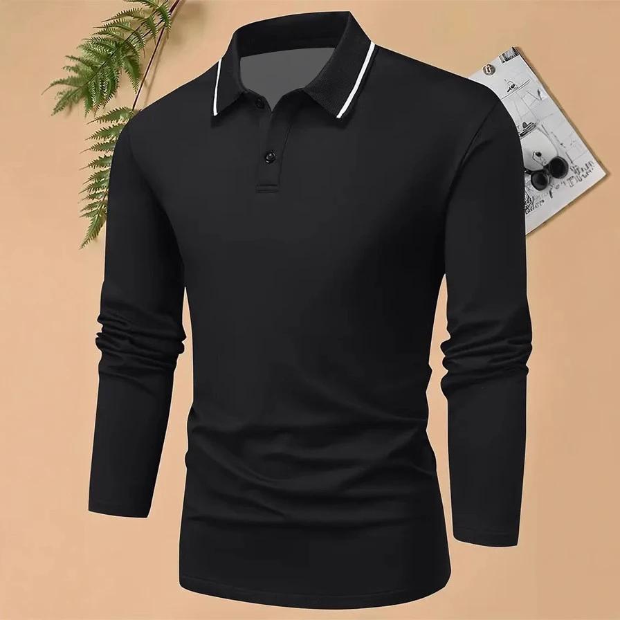Ny 100% Polyester Herre Business Casual Langermet Poloskjorte Herre Ensfarget Enkel Stil Topper Poloskjorte Herre Klær Golfpolo