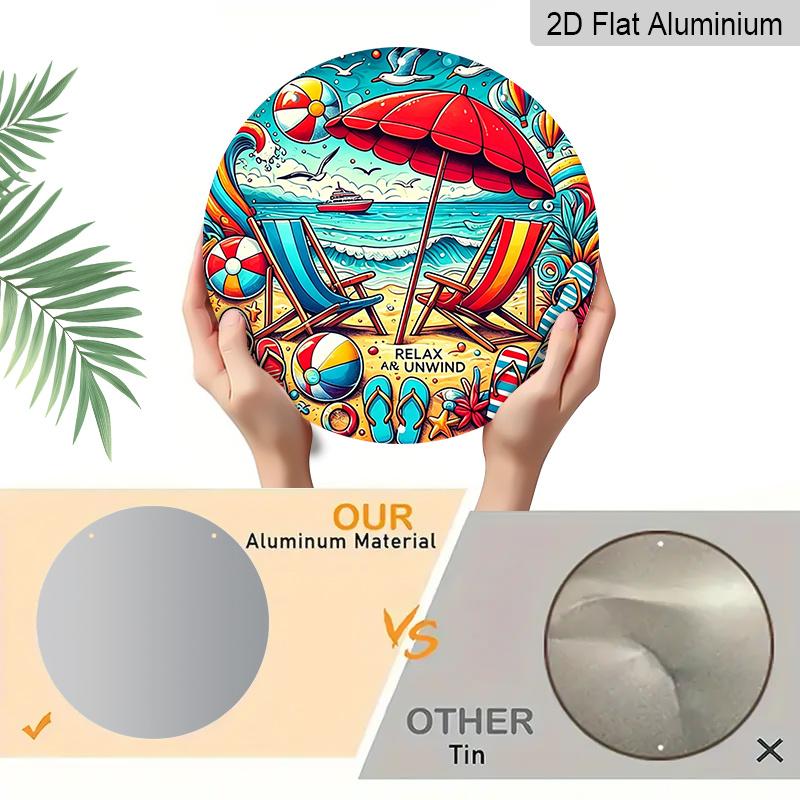 2D Flat, 1pc Round Aluminum Hanging Sign-"Relax And Unwind" Vibrant Beach Scene Metal Wall Art, Colorful Summer Umbrella & Lounge Chair Design