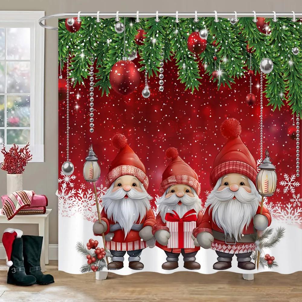 Christmas Theme Shower Curtain Winter Snow Christmas Tree Deer Rustic Wooden Panel Fabric Washable Shower Curtain Bathroom Decor