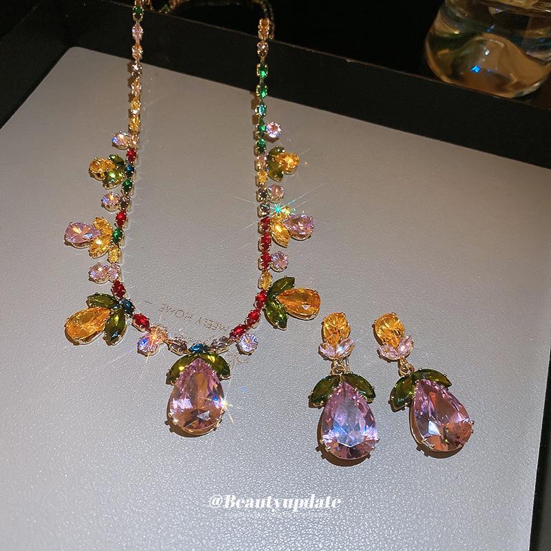 Zircon Floral Water Drop Pendant Earrings & Necklace Set - Trendy Design Clavicle Chain Accessory