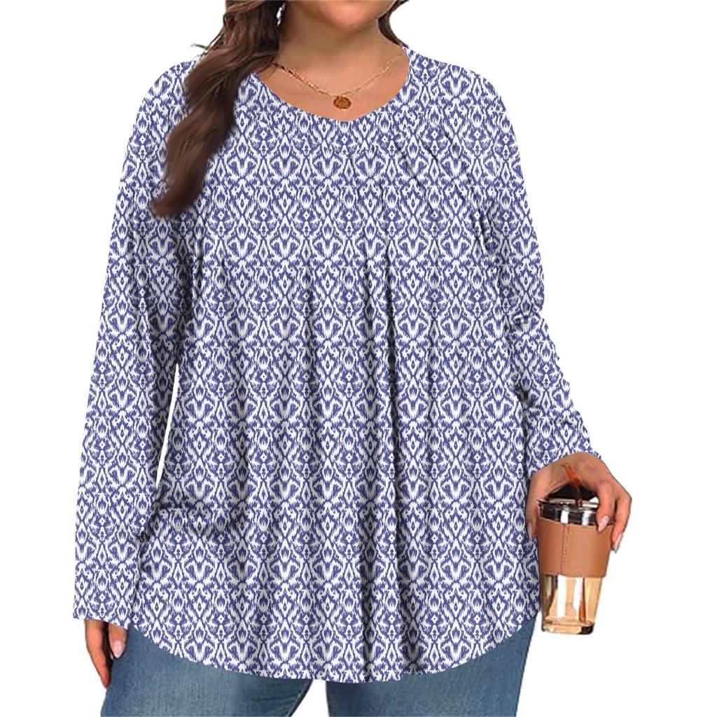 Dámská móda plus size Tištěný ležérní plisovaný top s kulatým výstřihem a dlouhým rukávem