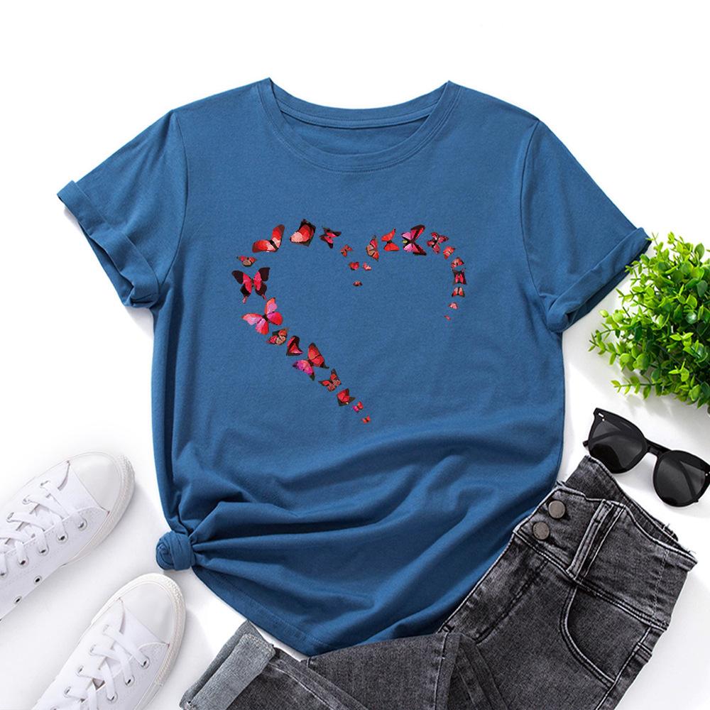 Heart Butterfly Cotton T-Shirt Short Sleeve Round Neck Women 2d Print Tops
