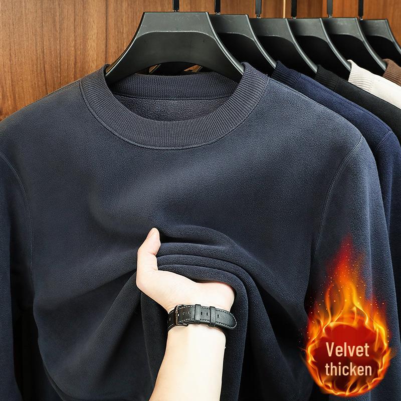Men's Winter Fleece Thicken Hoodie - Round Neck, Plus Velvet, Long Sleeve Base Layer Sweater