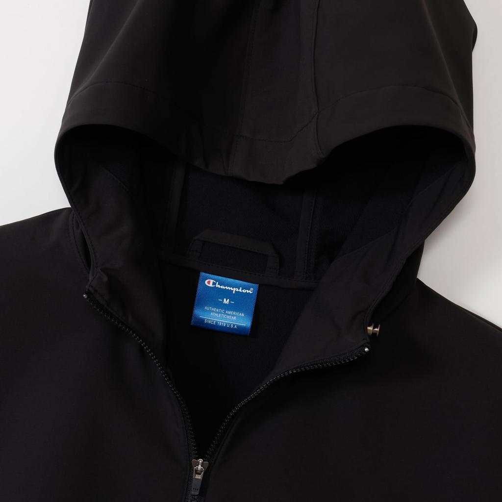 Dlouhá vodní bunda s kapucí a jedním bodem na zip, černá [Champion], rukávy, strečová, repelentní, větruodolná, logo, dámská sportovní bunda, CW-ASC02