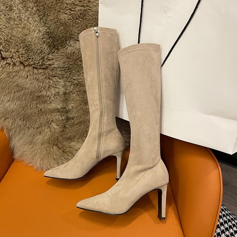 Fashion Pointed Toe Suede Stiletto Heel Tall Boots Autumn New Side Zip Anti-Slip Wear-Resistant High Heels