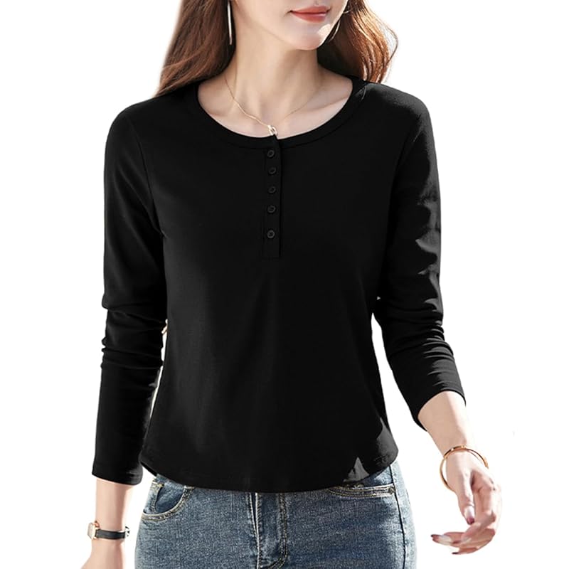 

[JHIJSC] t-shirt ladies long sleeve spring cotton tight Plain color Fashionable cute large size (JP, alphabet, L, black)