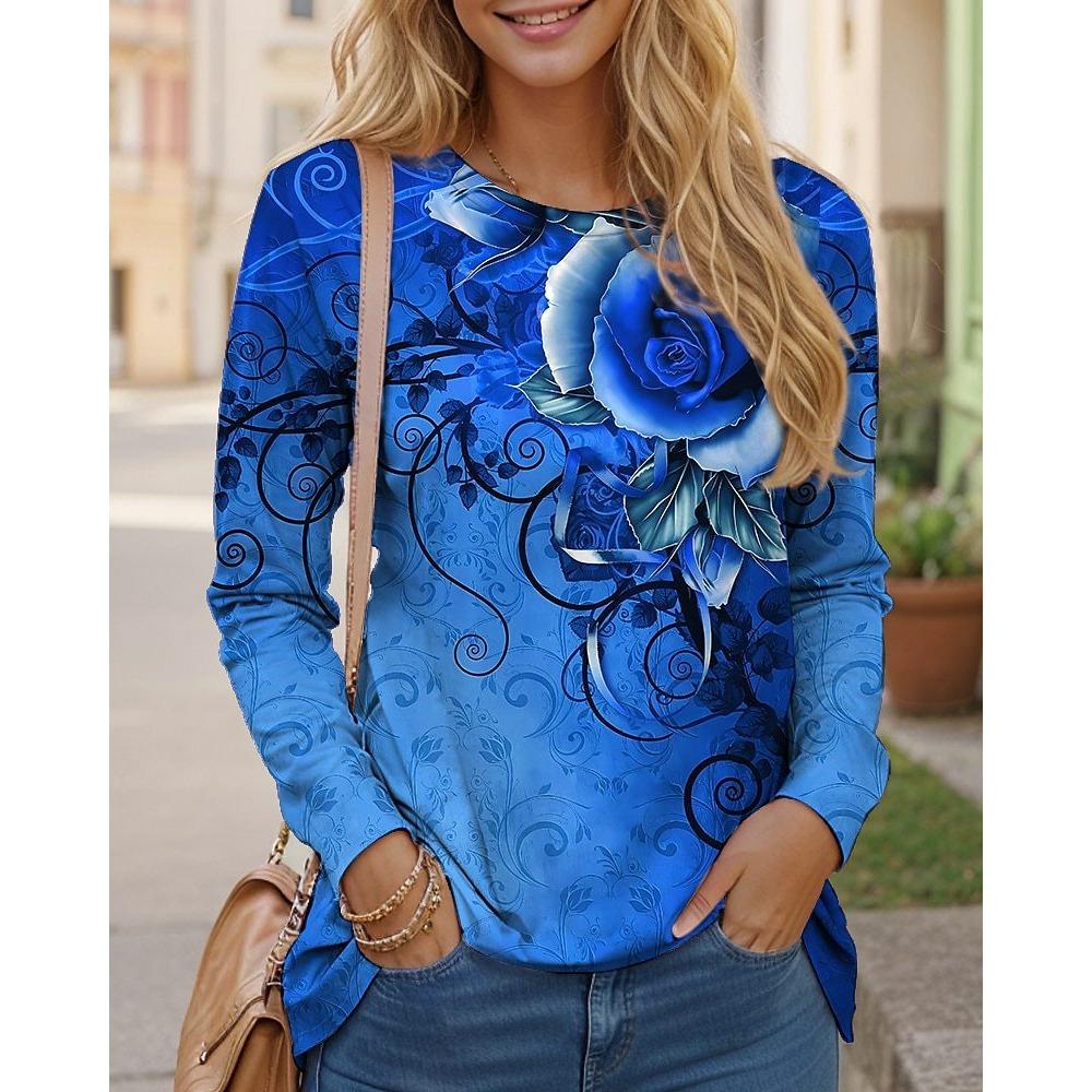 Long Sleeve Floral Pattern Gradient Women T-Shirts Spring Autumn 3D Flower Printed Street Ladies Tee 3XL Plus Size Casual Tops