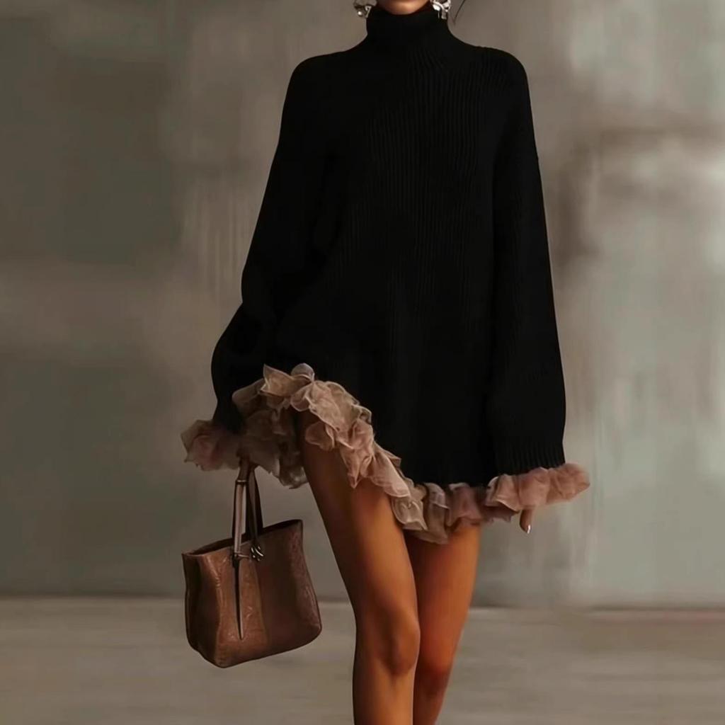 2026 Damen Europäisches & Amerikanisches Gestricktes High-Neck Patchwork Rüschen Langarm Top