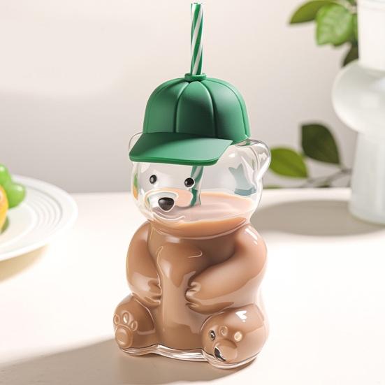 Gobelet d'apprentissage en forme d'ours avec couvercle à paille 600 ml Joli gobelet en verre pour café glacé, thé au lait, jus Lavable au lave-vaisselle Réutilisable Tasse froide pour la maison, le bureau, les voyages