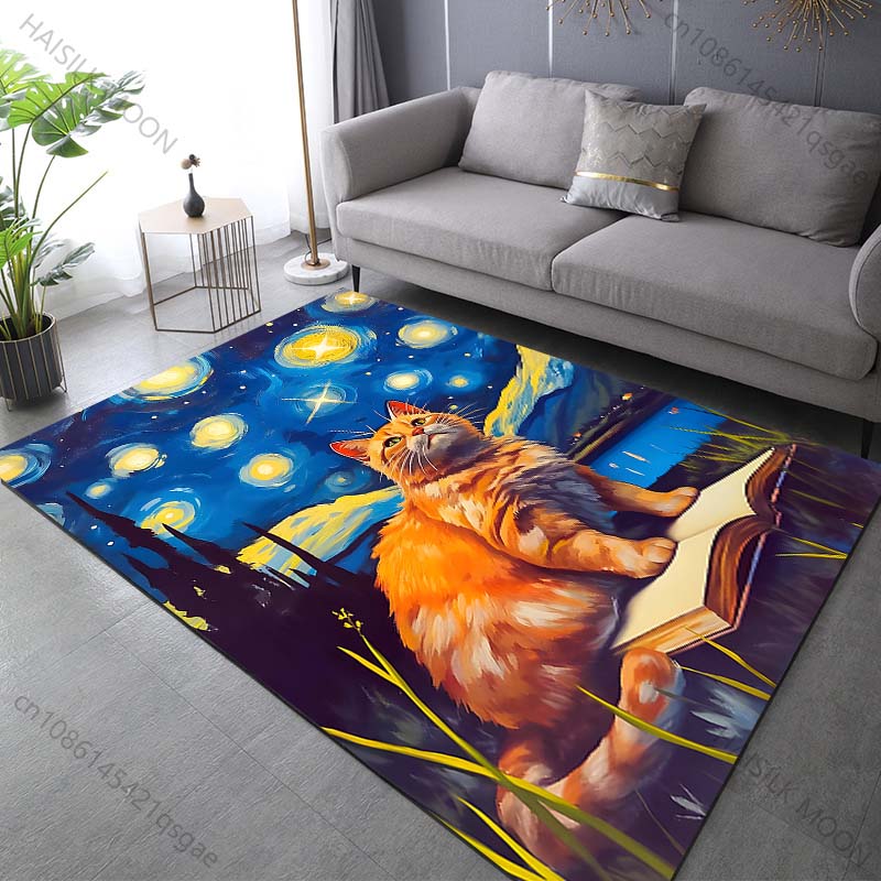 1PC Cat sitting on book under starry sky Print Carpet Rug for Living Room Bedroom Sofa Doormat Home Decor Non-slip Floor Mat