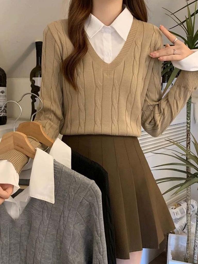Women's Knitted Sweater Autumn Winter Shirt Collar Sweater Long Sleeved Top Fashion Clothing