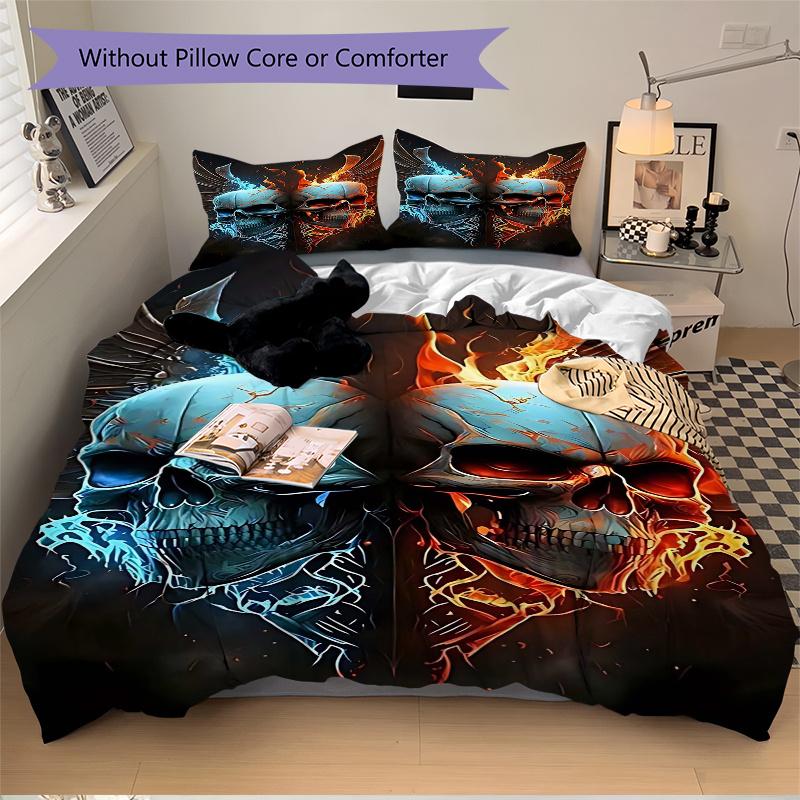 3pcs Anime Skulls Flames Wings Comforter Set with One Quilt Cover and Two Pillowcases (No Core) - Home Decor, Festival Gift, Polyester Fabric, Bedroom