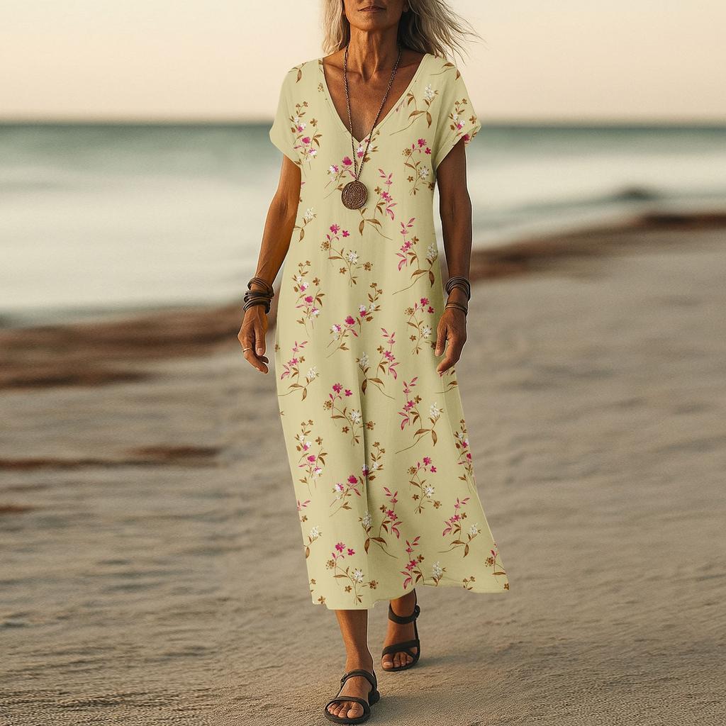 Summer Dress Women's Long Boho Beach Dress Elegant Maxi Dress V-Neck Short Sleeve Summer Tunic Dress Light Airy
