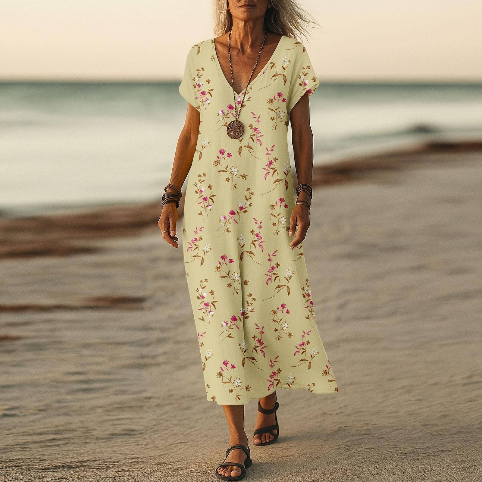 

Летнее платье Женское длинное платье бохо для пляжа Элегантное платье макси V-образный вырез Короткий рукав Летнее платье-туника Легкое воздушное XL жёлтый