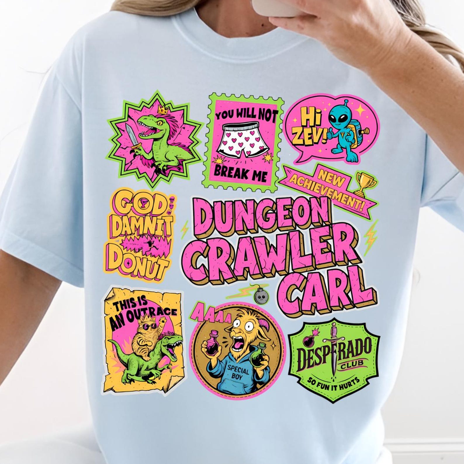 Dungeon Crawler Carl Stamp Shirt, This Is An Outrage Shirt, Goddamnit Donut, New Achievement Tee, Ride or Roar, Princess Donut And Mongo S