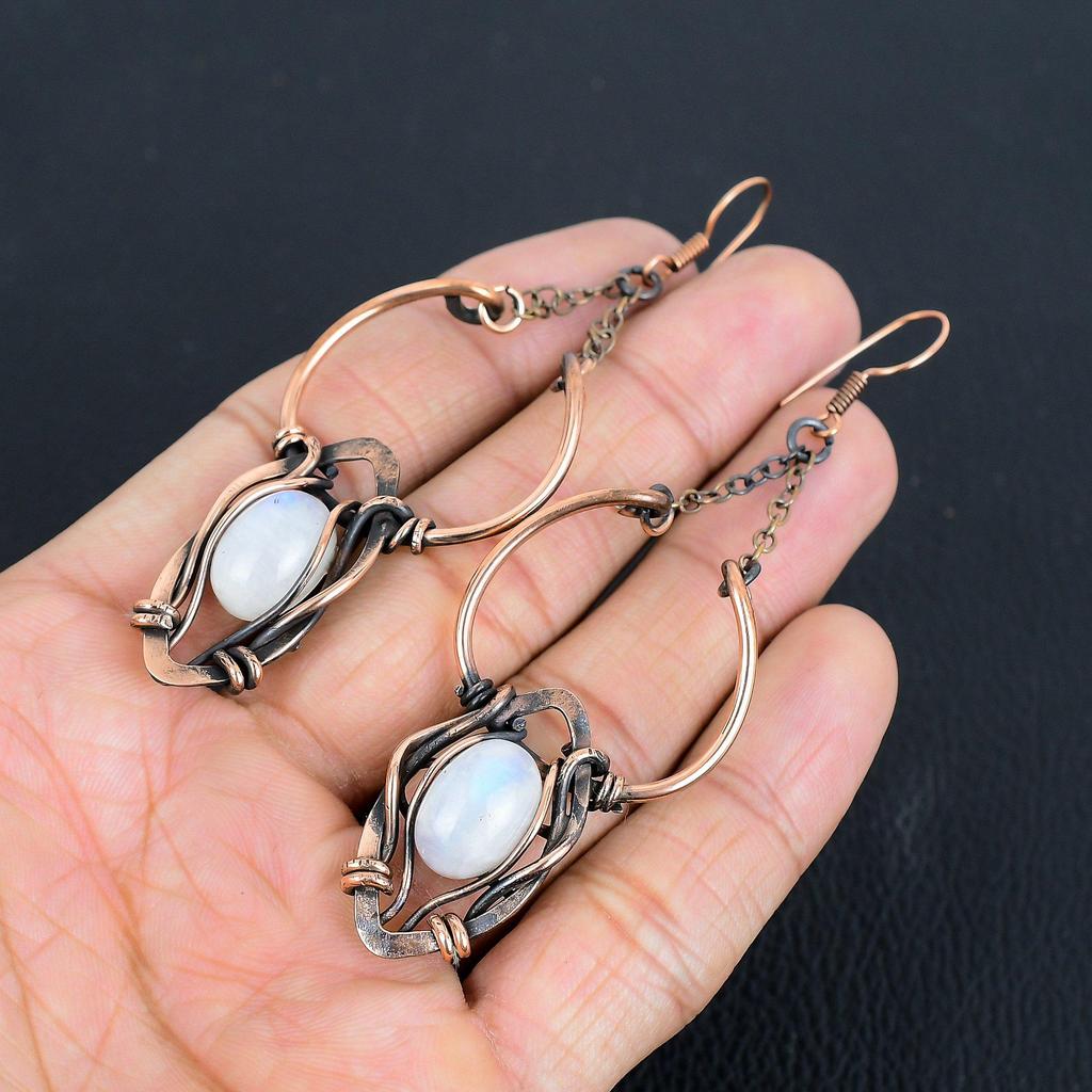 Rainbow Moonstone Earrings Gemstone Jewelry, 999 Copper Wire Wrapped Earrings, Handmade Beautiful Jewelry Earrings