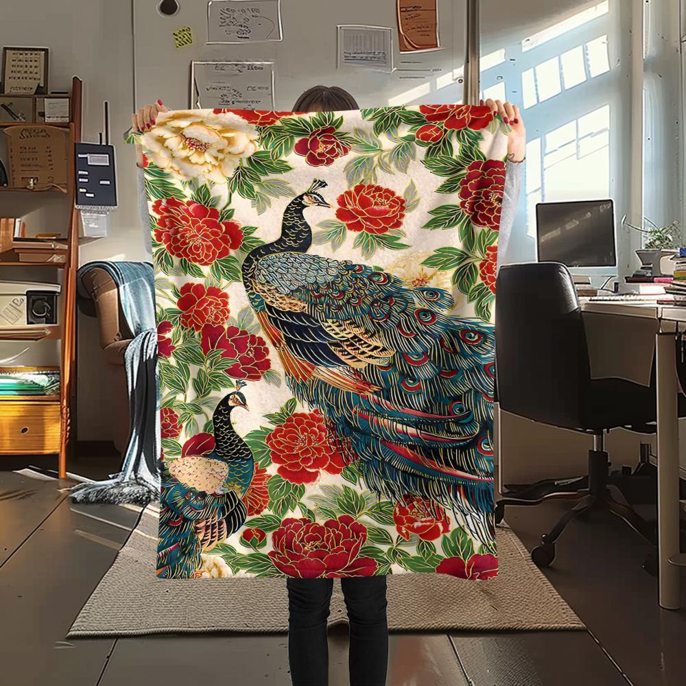 1Pc Goldfish Peacocks Print Flannel Blanket, High quality Comfortable for All Seasons, Home Decor, Warmth and Comfort, Perfect for Christmas Gifts