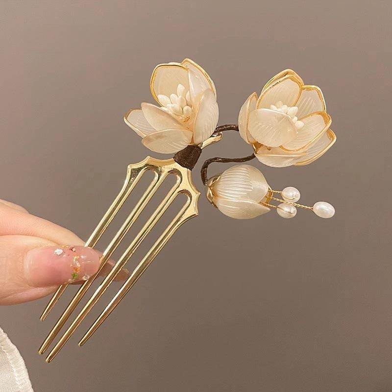 New Chinese Magnolia U-shaped Hairpin, High-end Antique Metal Hairpin Accessories, Headgear, Hair Accessories, Pearls.