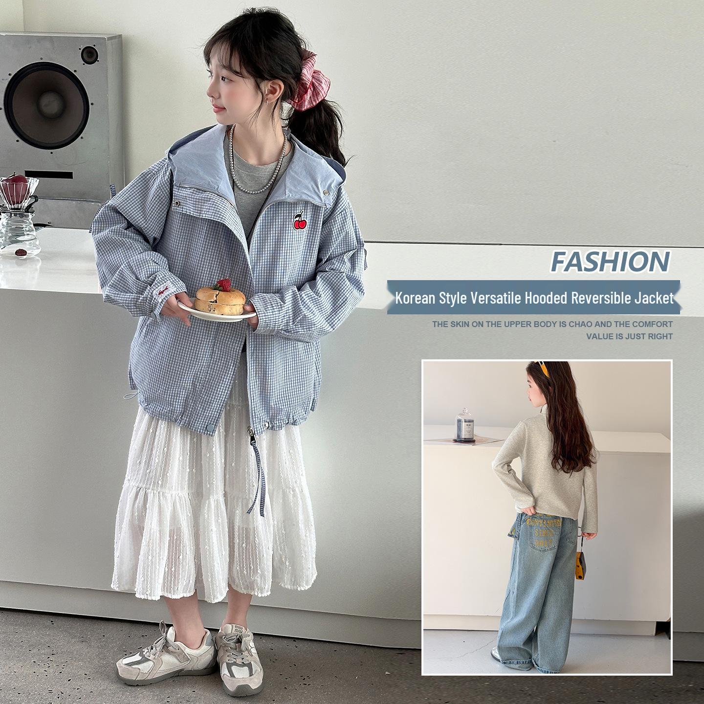 2026 New Girls  Double-Sided Plaid Bow Hooded Spring Jacket 160 cm синий