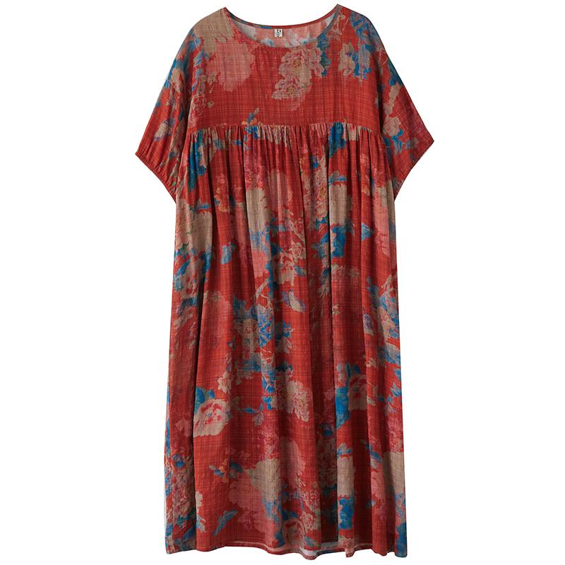 DIMANAF 2025 Women Plus Size Vintage Summer Dress Floral Short Sleeve Casual Basic New Printing Dress Loose Long Dress