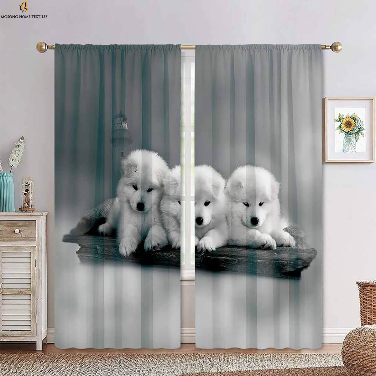 

Set Of 2 Window Curtains Cute Funny Couple Dog Print Curtain Bedroom Living Room Kitchen Decorative Made Polyester Treatment W100*H130(CM)-Grommet top&2PCS