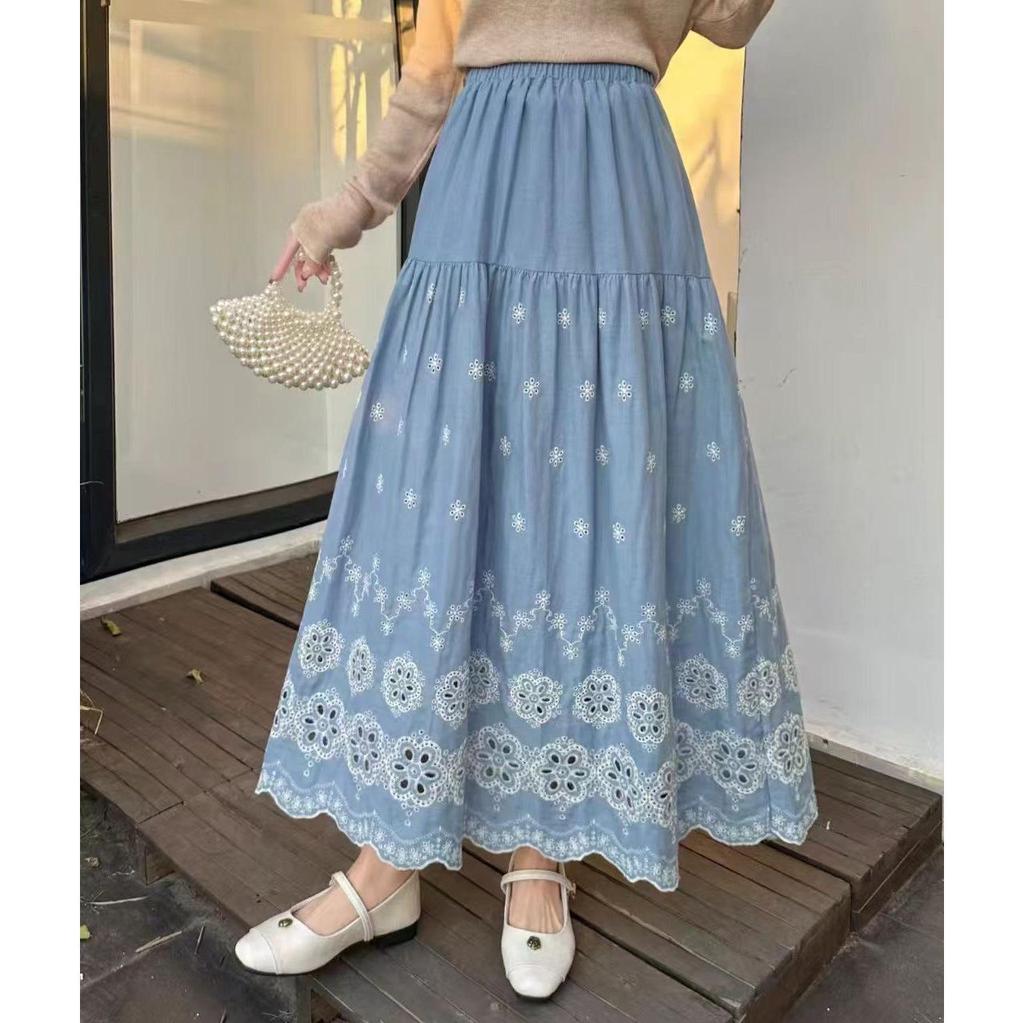 Fei Yuan Women's Ethnic Embroidered A-line Skirt: Autumn/Winter Fashion with Hollow Design