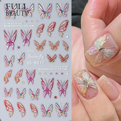 Cursori colorati per decorazioni per manicure per unghie 5D Adesivi per unghie in rilievo con farfalla incisa in rilievo Decalcomania per adesivi per unghie