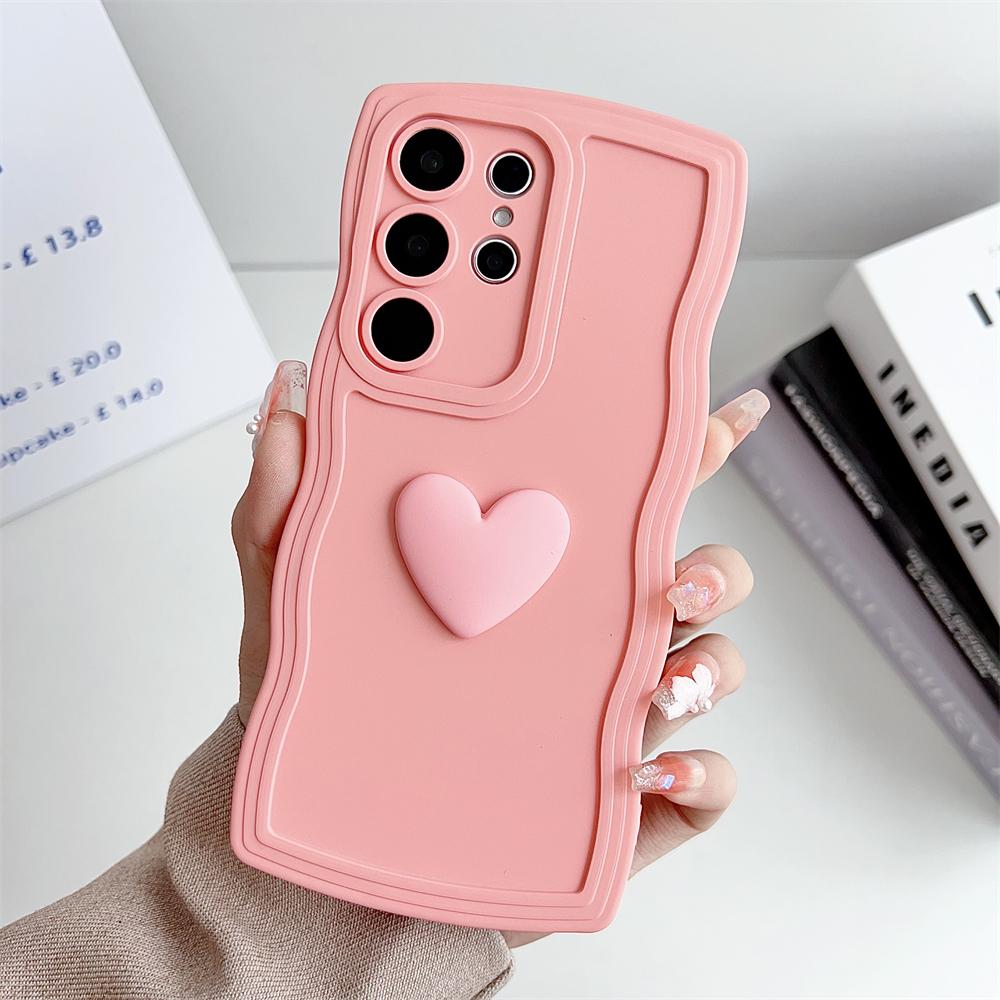 Jednobarevný měkký silikonový kryt pro Samsung Galaxy S24 S23 Ultra S22 S23 S21FE A53 A55 A35 A32 A05 A52 A34 s 3D srdíčkem a vlnitým rámečkem