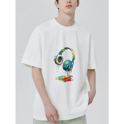 Schwarzes T-Shirt mit buntem Kopfhörer-Kunstdruck für Freizeitkleidung