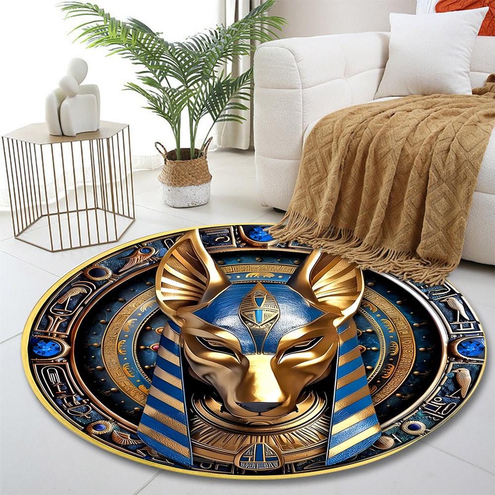 "Egyptian Anubis Golden Design Rug" Print Round Rug, Living Room, Bedroom, Playroom Carpet, Non Slip Floor Mat, Gift
