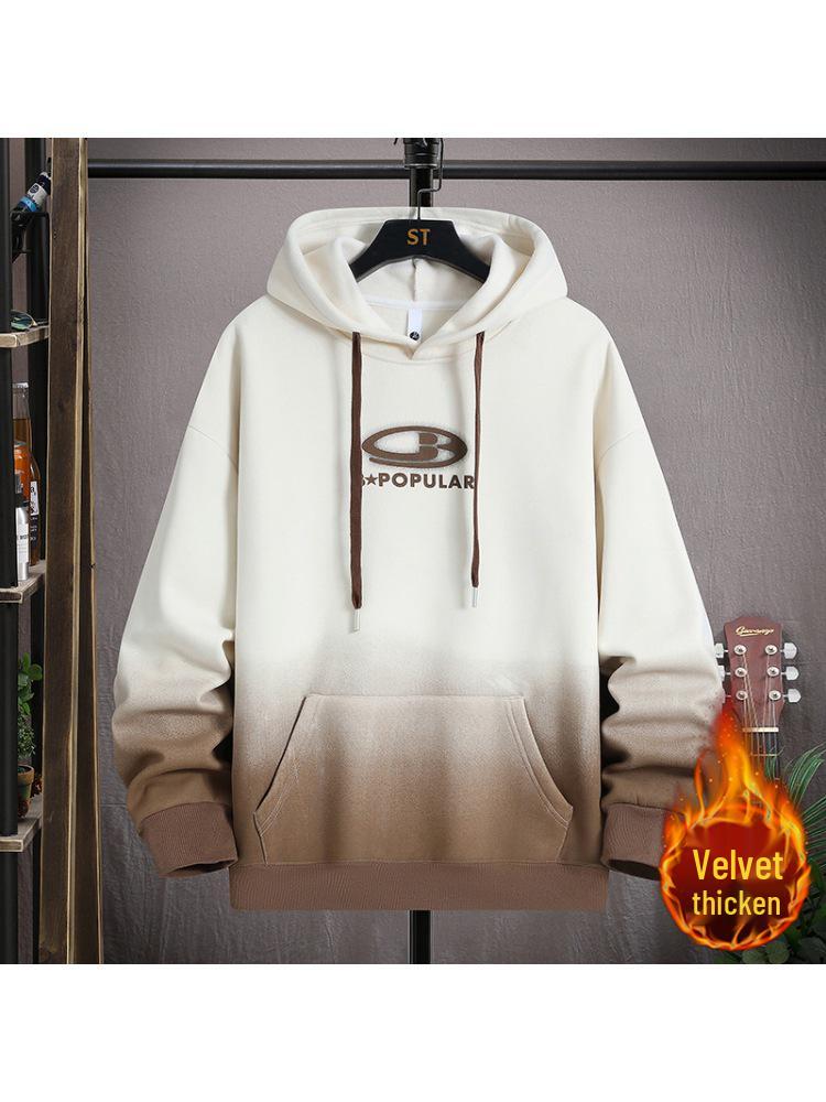 Gradient Color Block Hooded Sweatshirt for Boys, Junior High & High School Students - Plus Velvet, Thickened, Autumn/Winter Outerwear for Teens