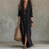Vestido Chemise Maxi Feminino Gola Reversível Manga Três Quartos Solto Cintura Média Fenda Frontal Lisa Casual Roupa de Verão para Férias