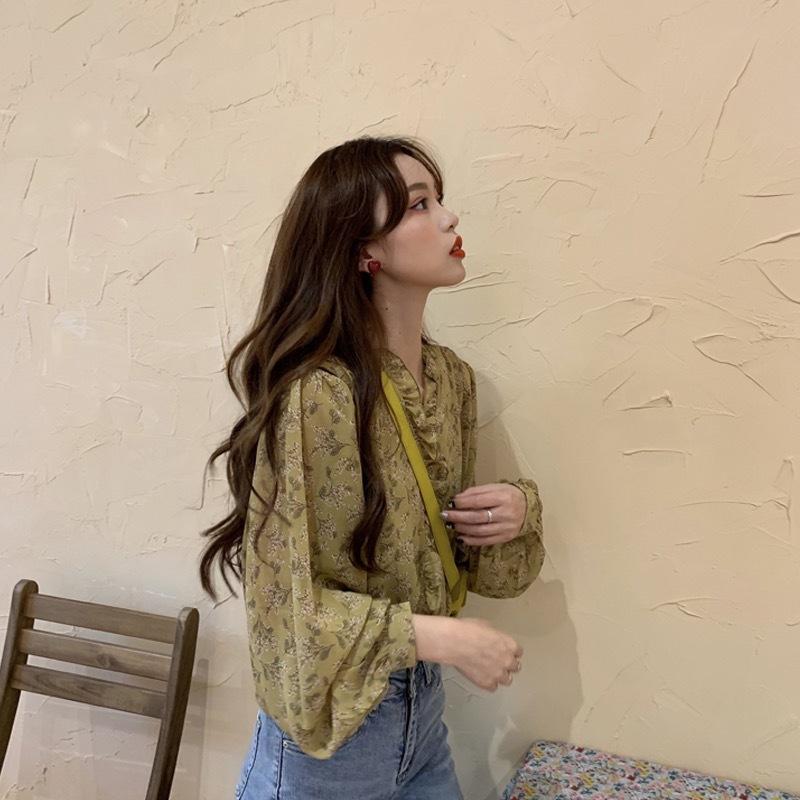 Spring  Autumn Women's Sweet Slim Chiffon Shirts Puff Sleeve Elegant Tops and Blouses Cardigan Blue Print Floral Blusas