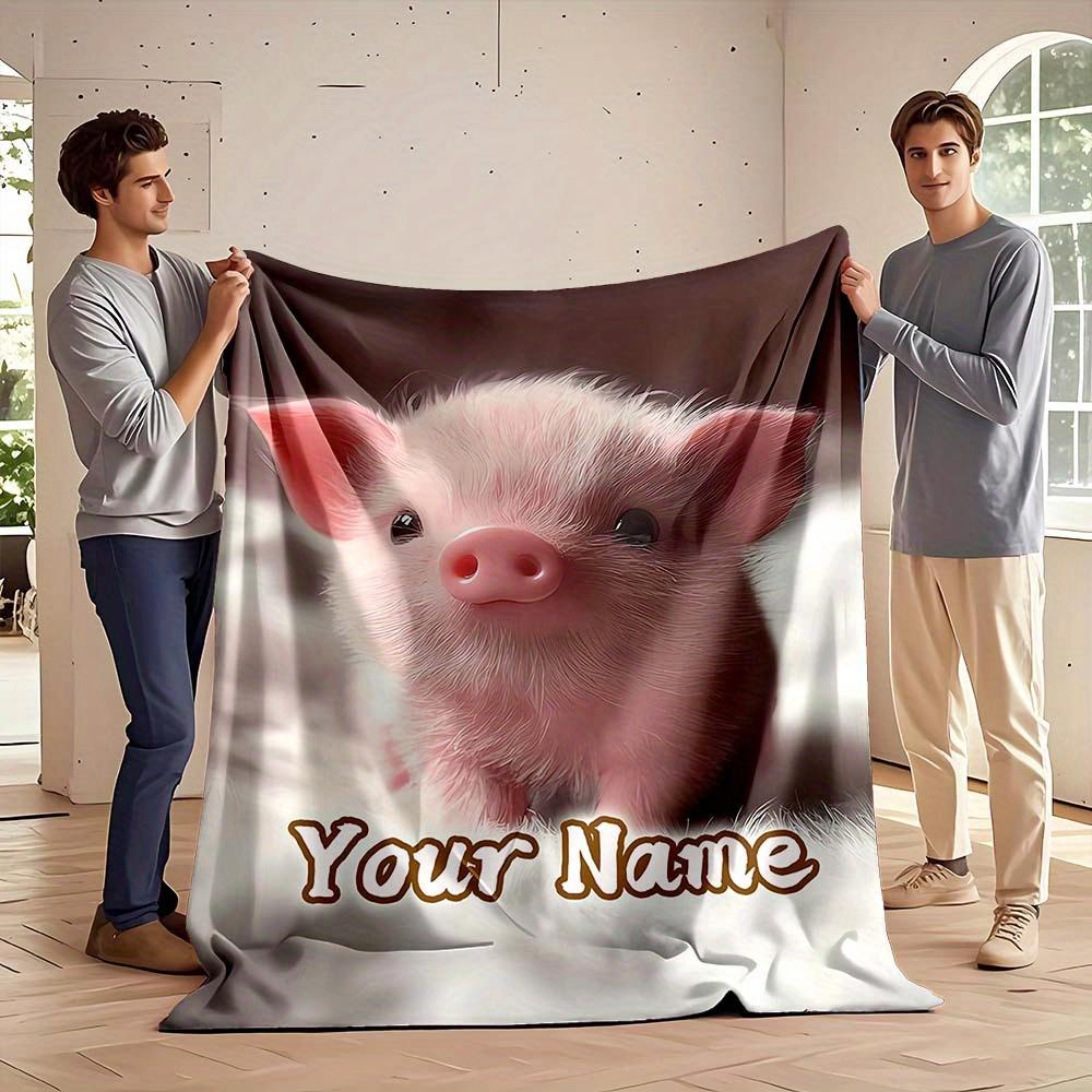 Custom Name Cute Baby Pig Print Flannel Blanket Soft Throw Blanket for Sofa Bed Couch All Season s Room Decor Birthday Gift