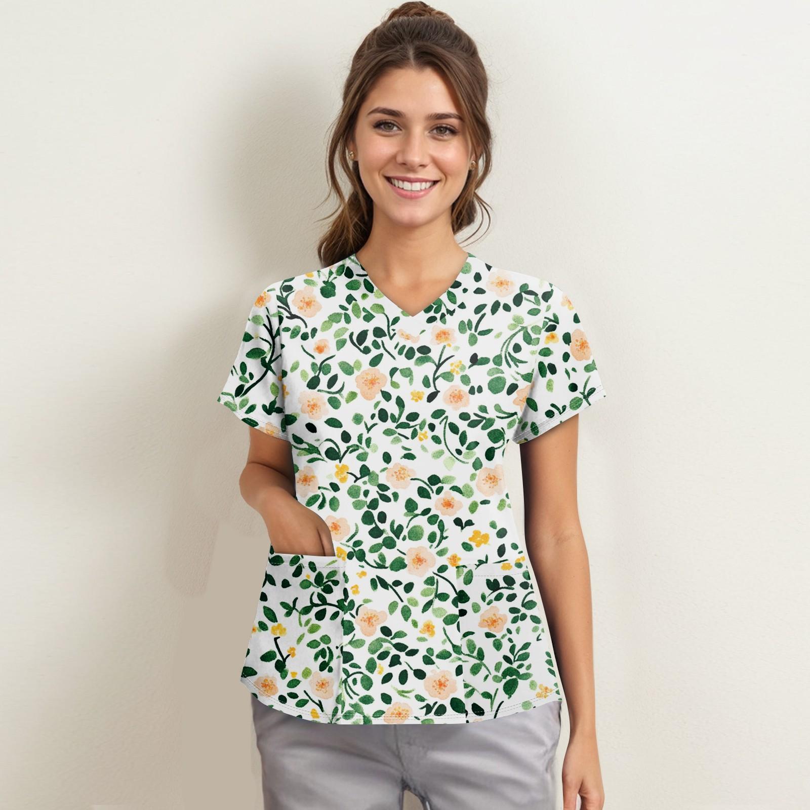 

Женская мода с v-образным вырезом, короткими рукавами и карманами, топы с принтом M