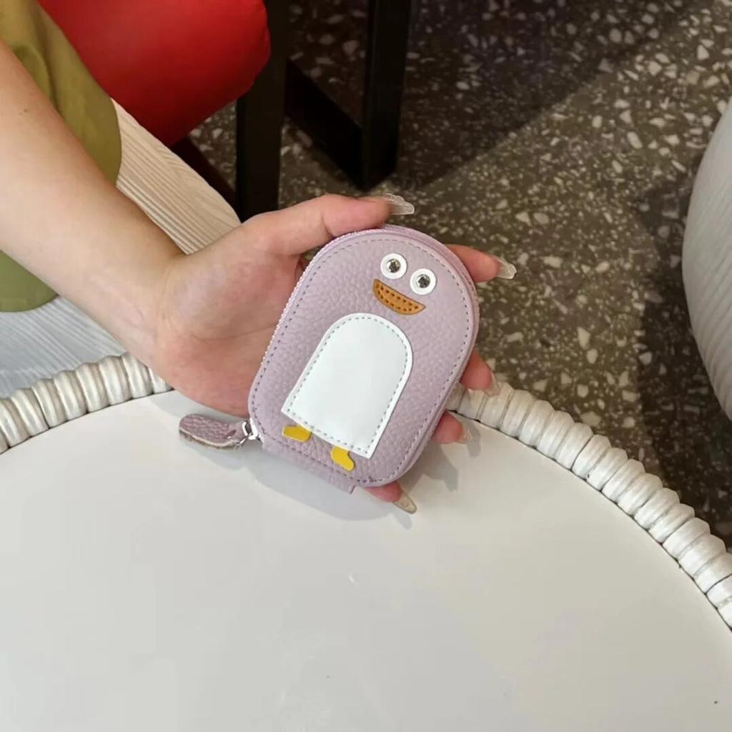 Small Penguin Shape Card Holder Coin Purse Cartoon Cute Genuine Cow Leather Zipper Purses Mini Wallet