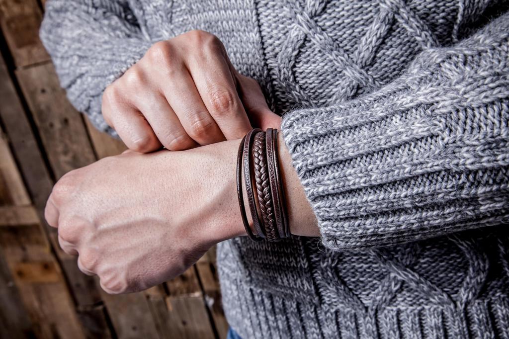 19cm Brunt Armbånd Lær Smykker Flettet Wrap Kjede Armbånd [SERASAR] Herre