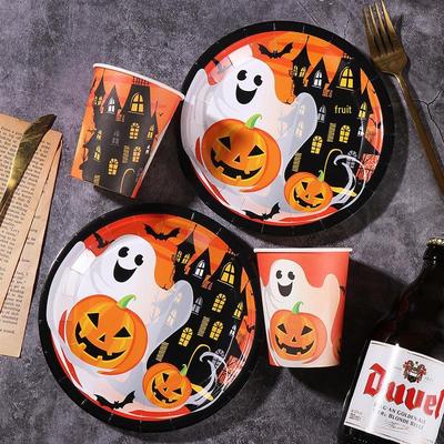 Halloween Party Disposable Tableware Set - Paper Cups, Plates, Napkins with Pumpkin & Ghost Designs