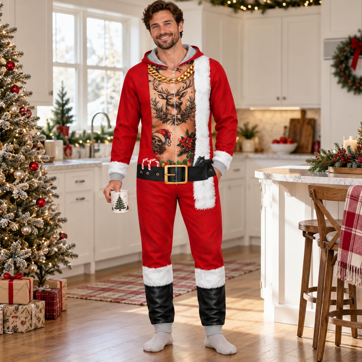 Herren Freizeit Jumpsuit mit Kapuze, lockerer Passform und Weihnachtsdruck für Feiertags-Lounging und den Alltag XL rot