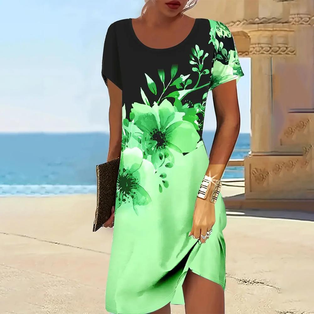 New Women's Dress Elegant Pink 3d Print Short-sleeved Mid-length Dress with Pullover Stylish Dress